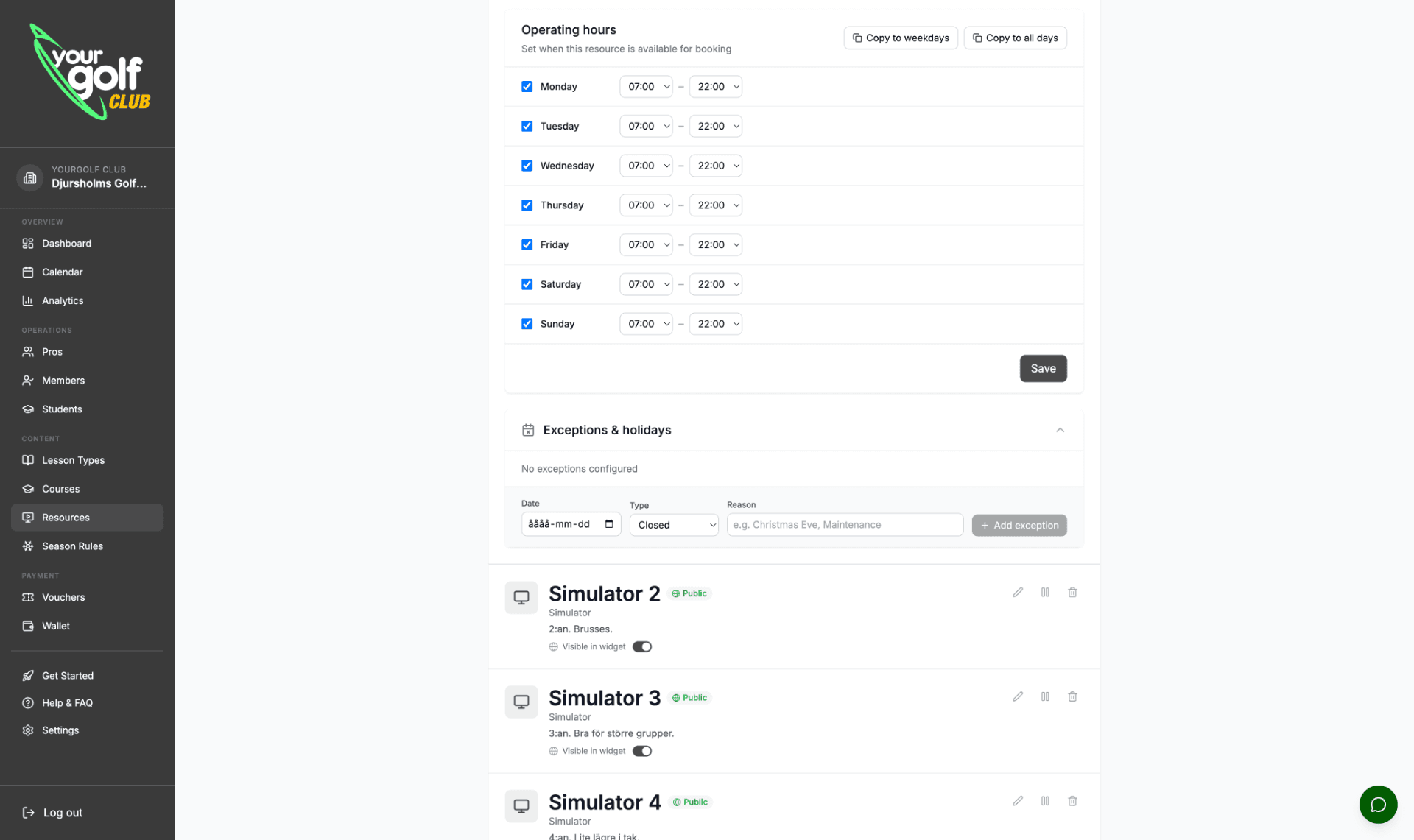 YourGolf Club — resource management with pricing by membership tier and time