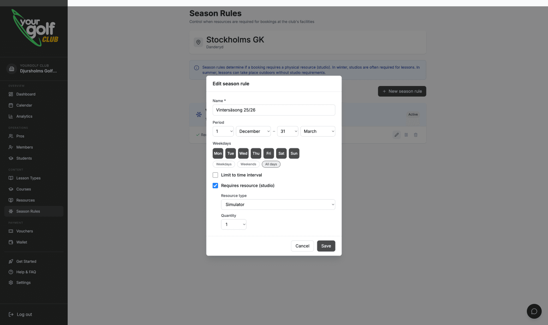 YourGolf Club — season rules with winter season and resource requirements