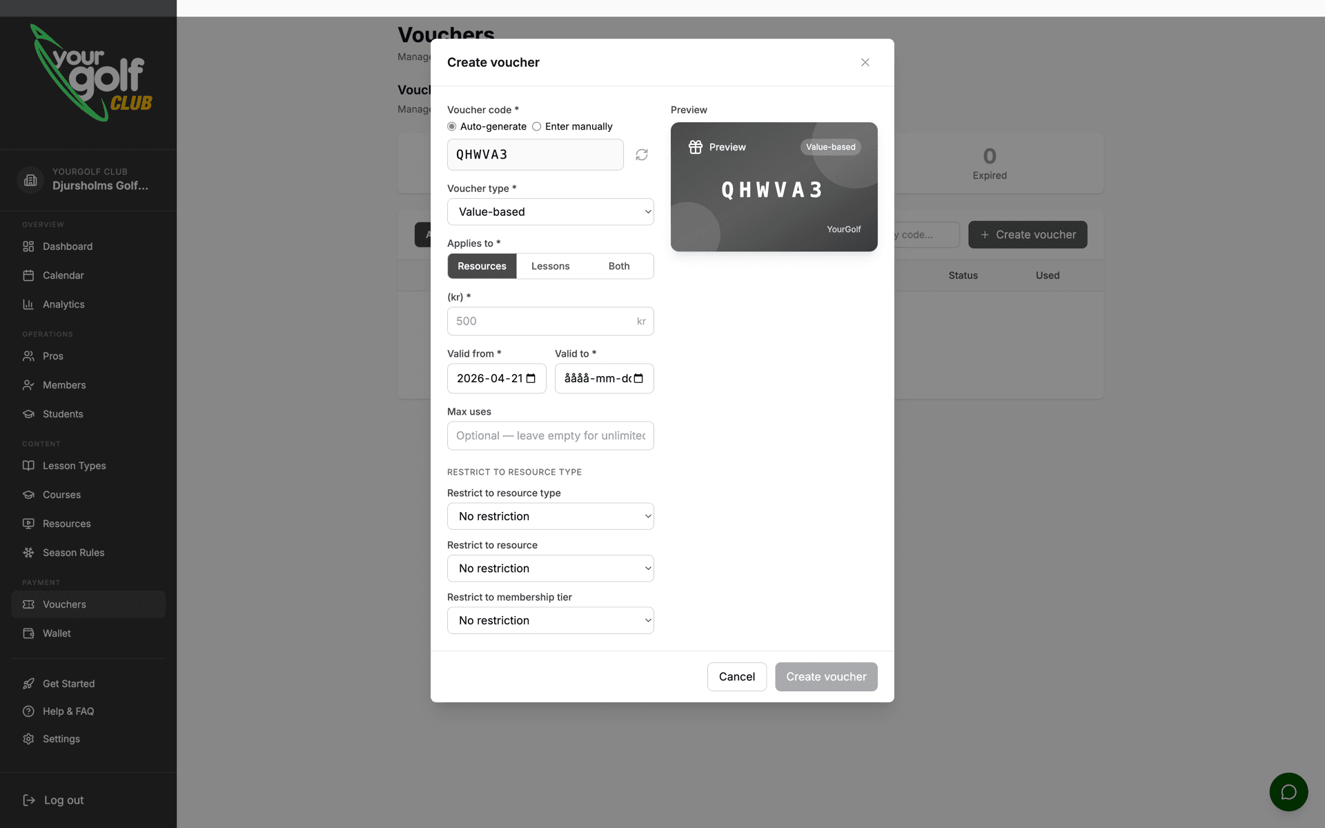 YourGolf Club — voucher management with types, restrictions and redemption tracking