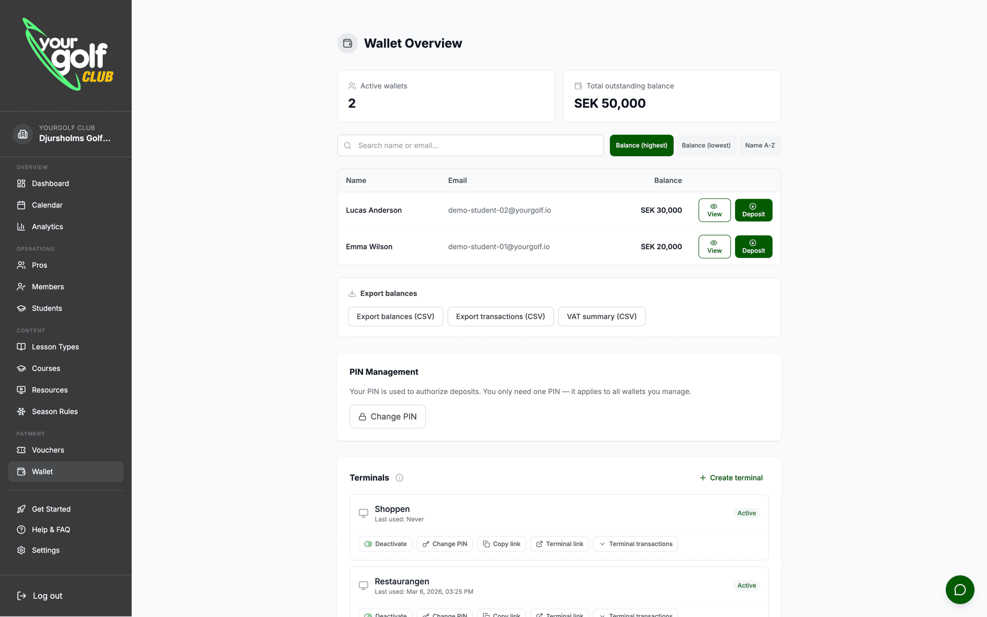 YourGolf Club — Wallet overview with balances, export and terminals