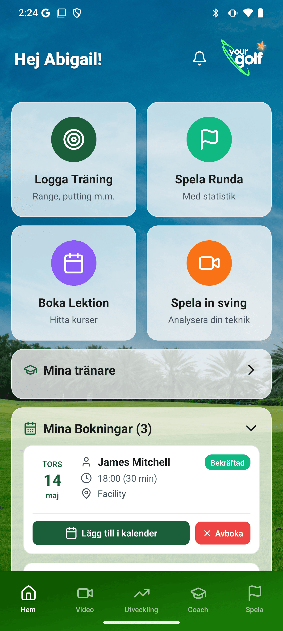 YourGolf Player - home screen