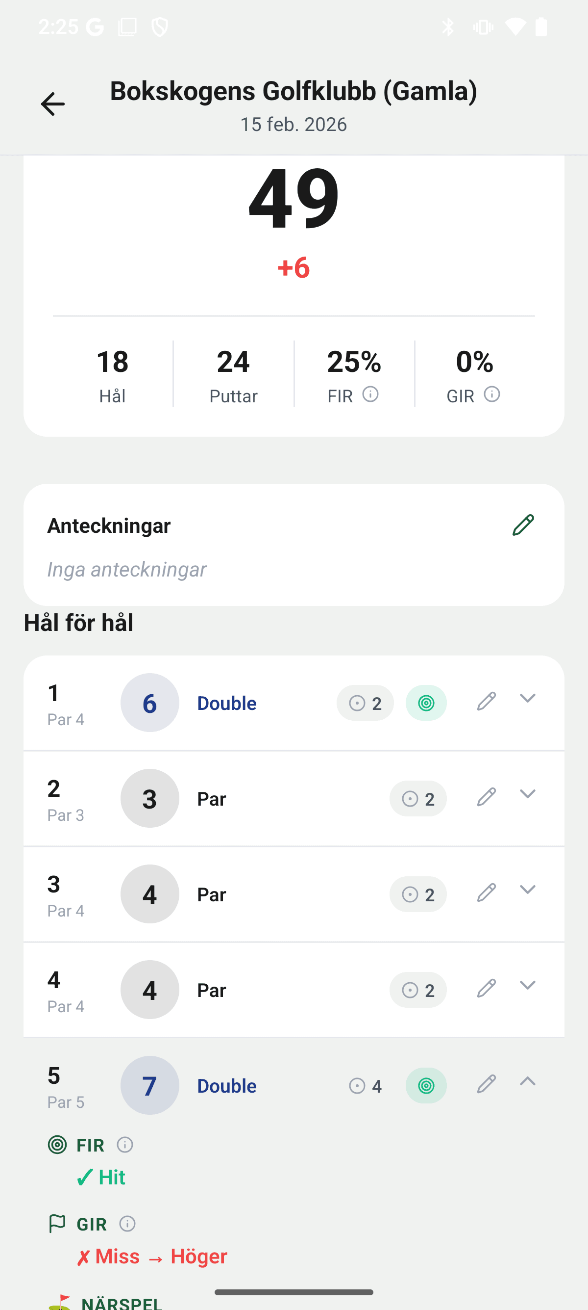 YourGolf Player - round summary