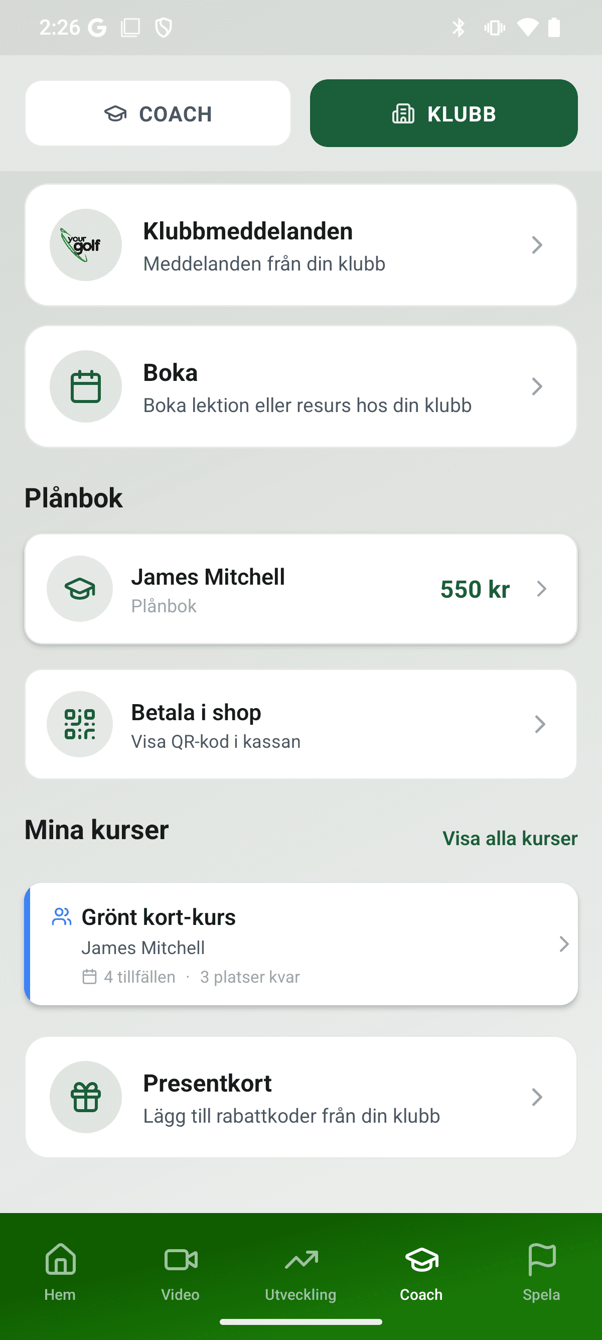 YourGolf Player - club tab with wallet and vouchers