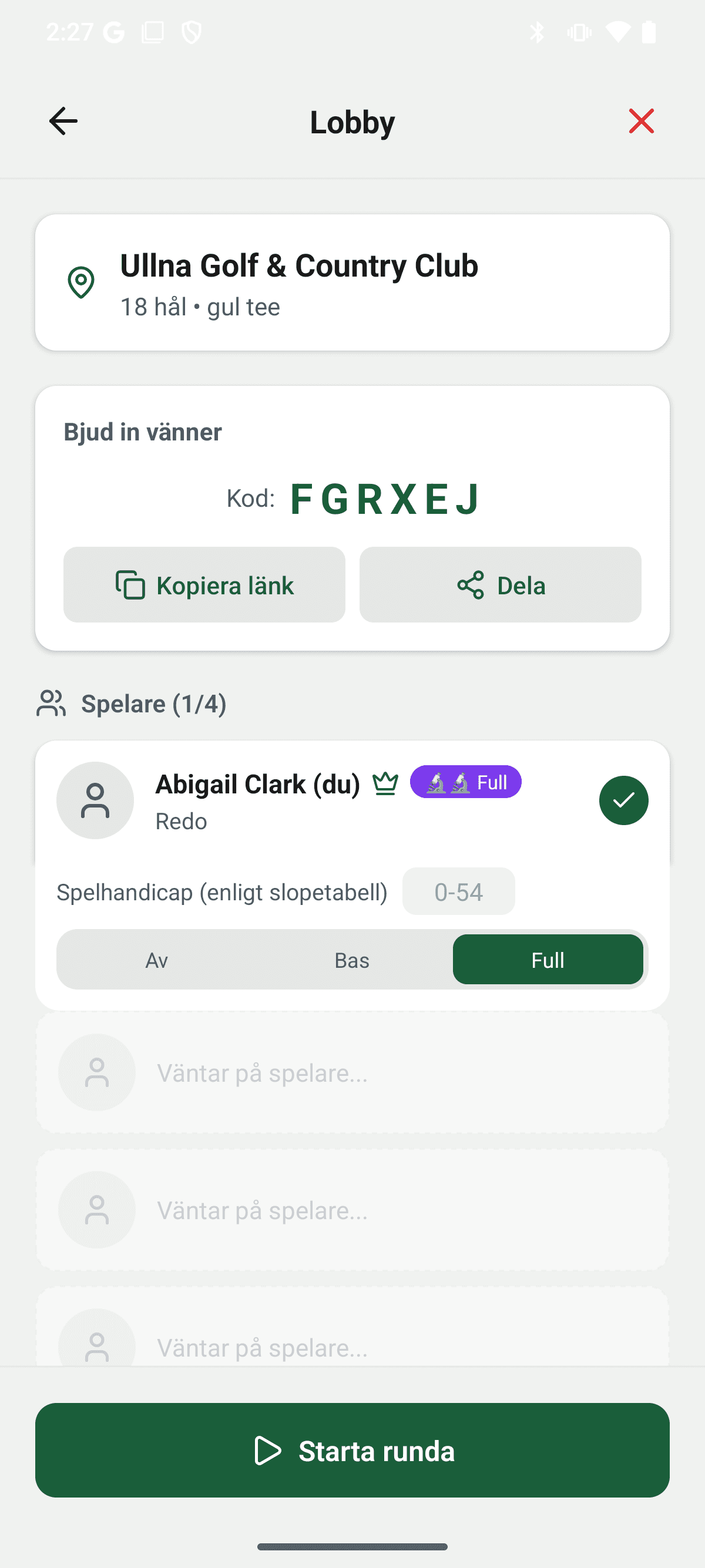 YourGolf Player - group round lobby