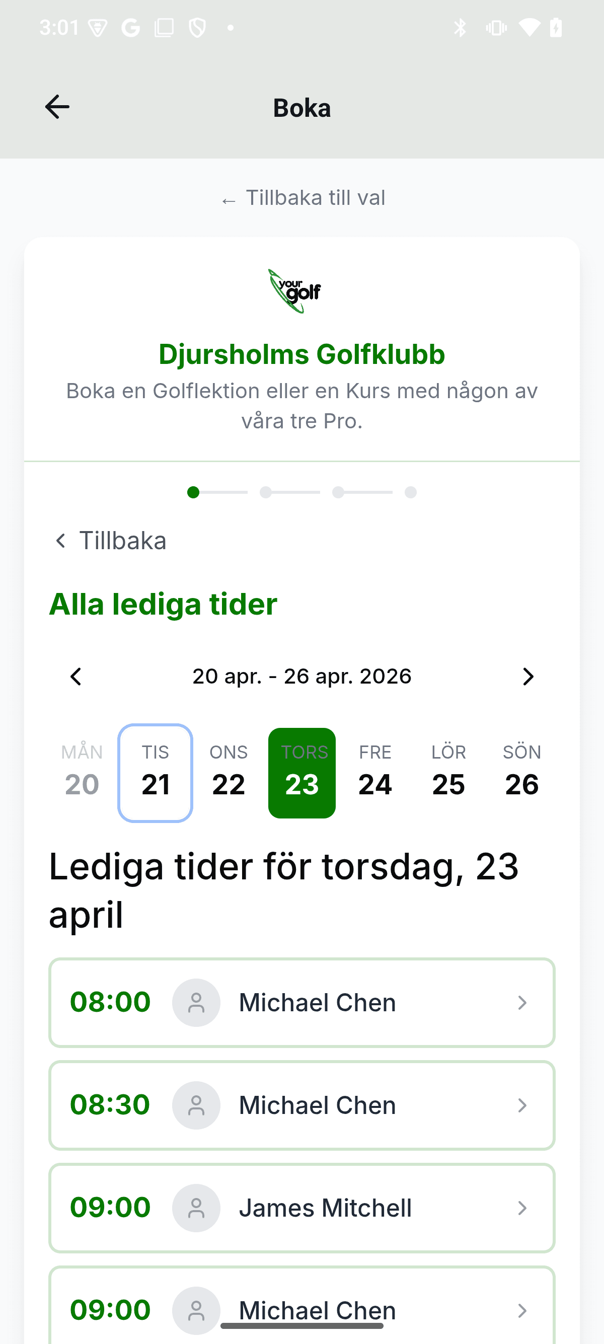 YourGolf Player - select time for booking