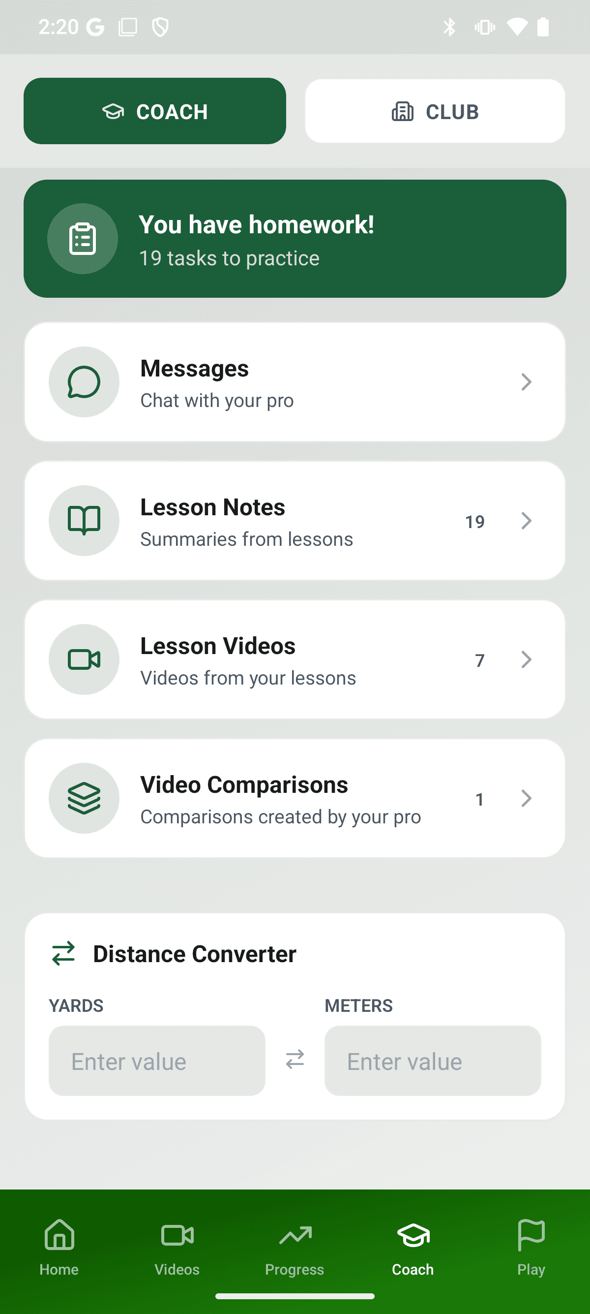 YourGolf Player - coach tab with relationship and feedback
