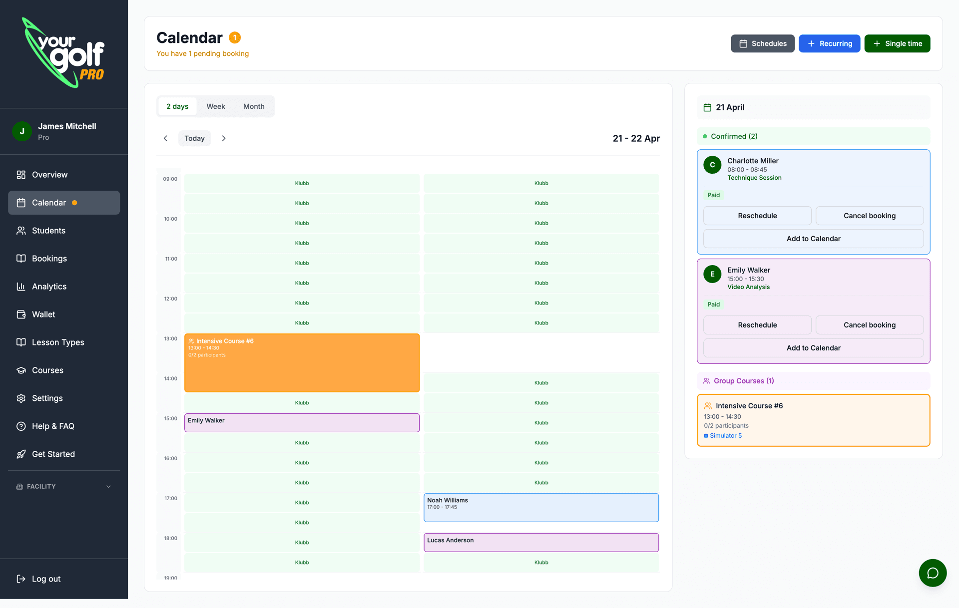 YourGolf Pro — calendar view with bookings