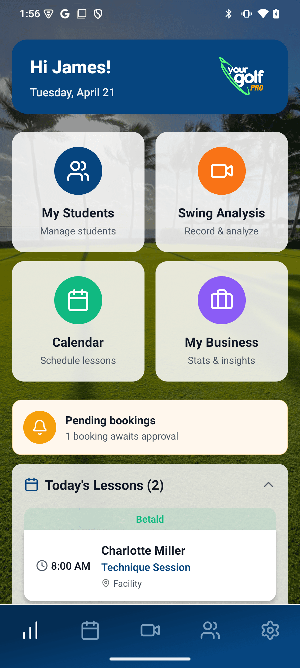 YourGolf Pro — dashboard on mobile