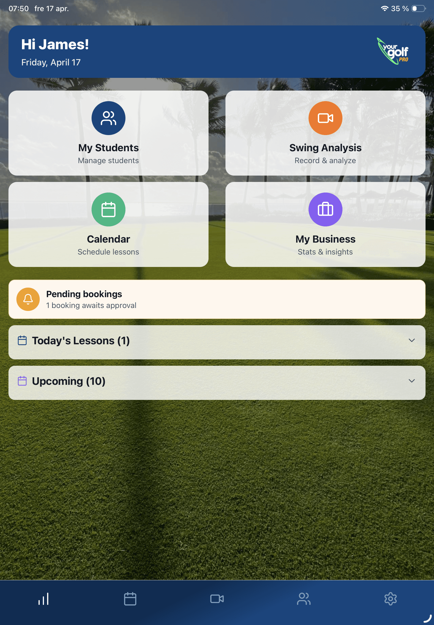 YourGolf Pro — dashboard on tablet