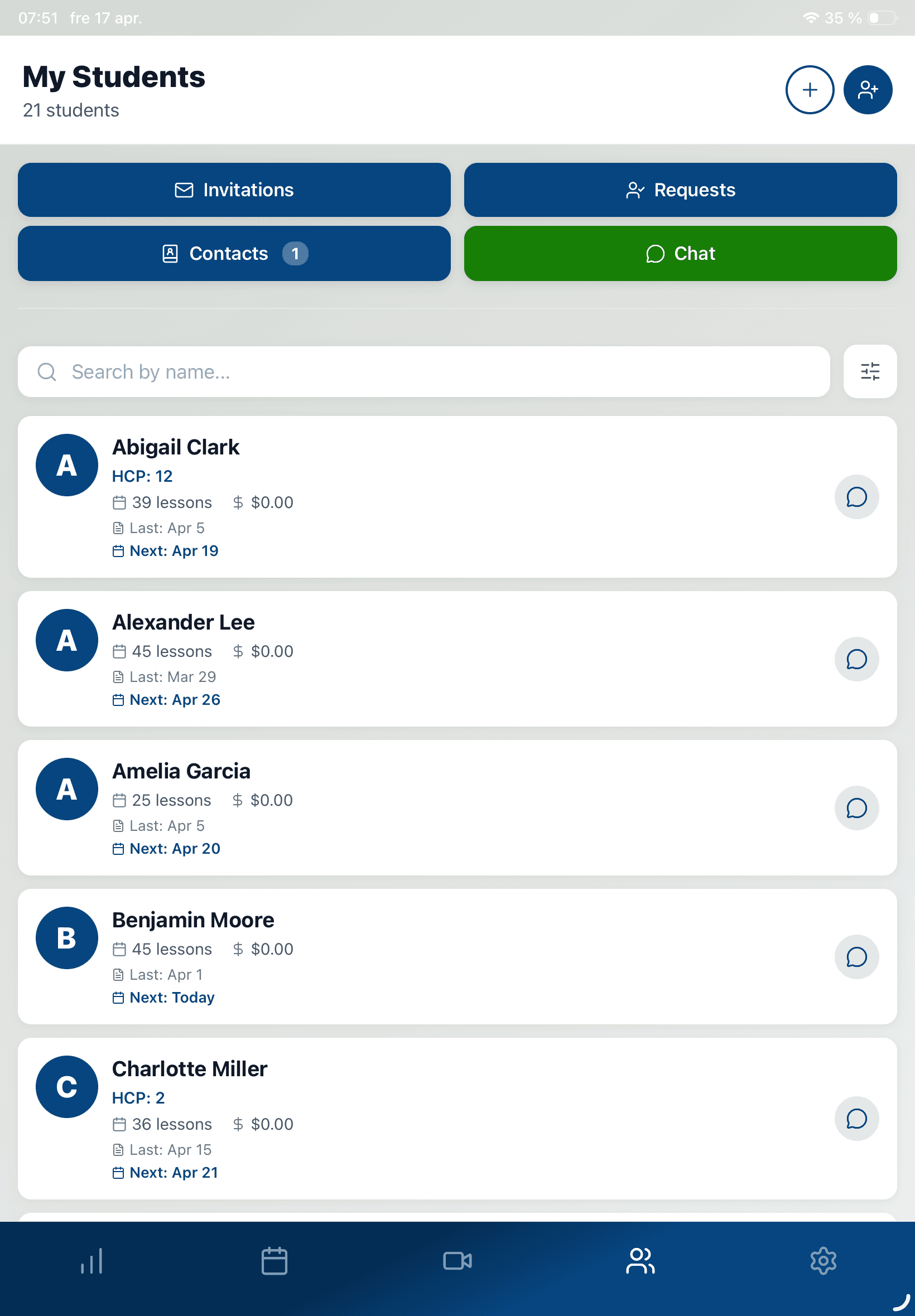 YourGolf Pro — student list on tablet