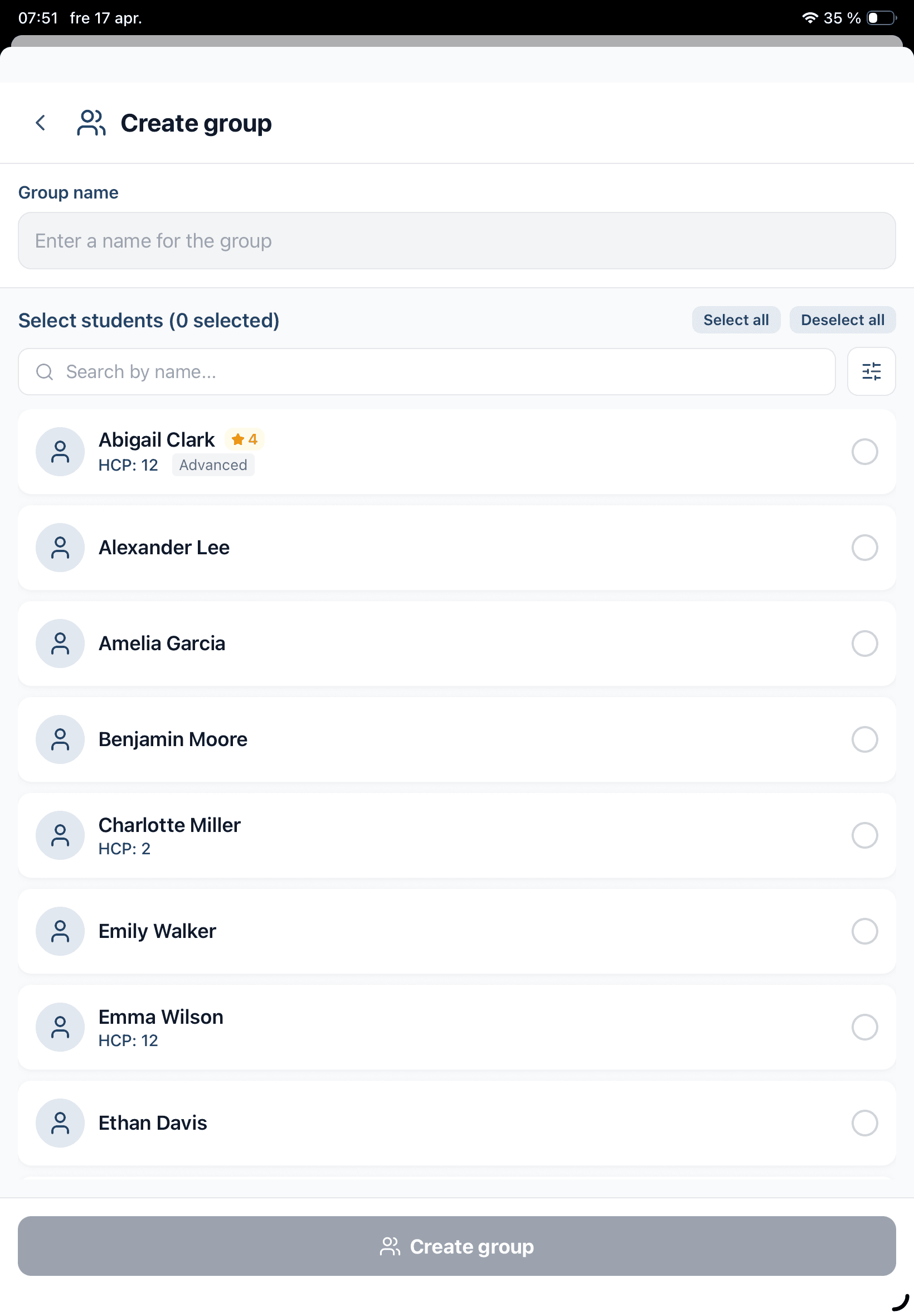 YourGolf Pro — create group course on tablet