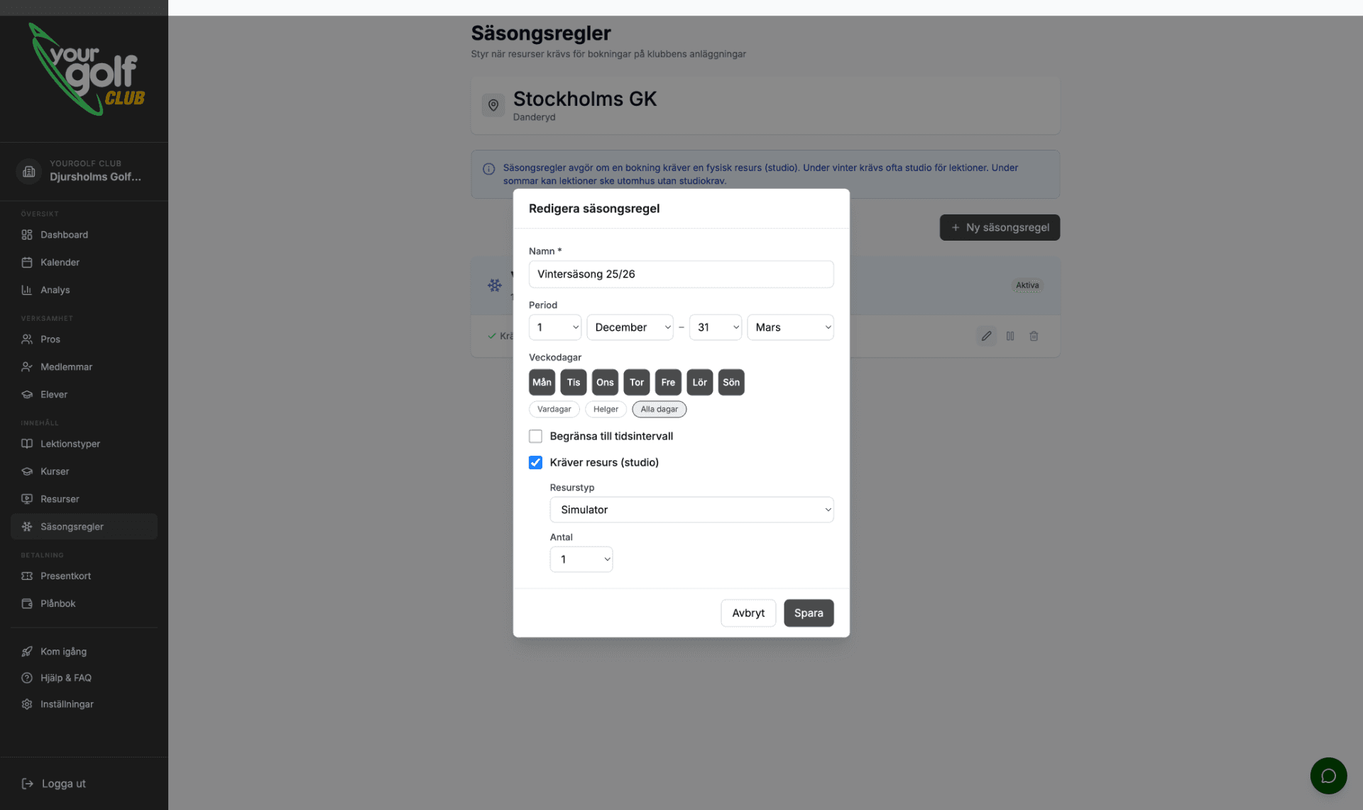 YourGolf Club - säsongsregler med vintersäsong och resurskrav