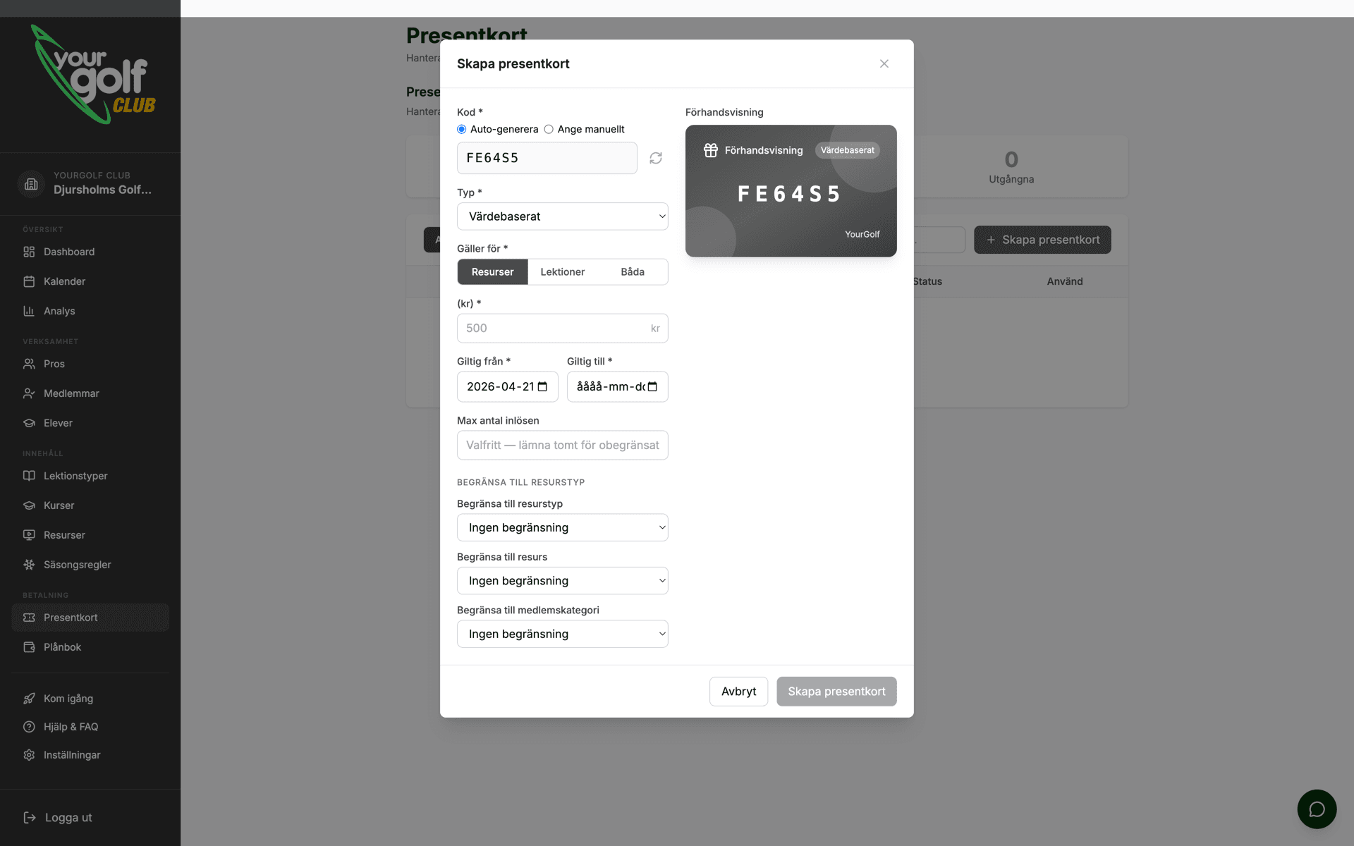YourGolf Club - voucherhantering med typer, restriktioner och inlösenspårning
