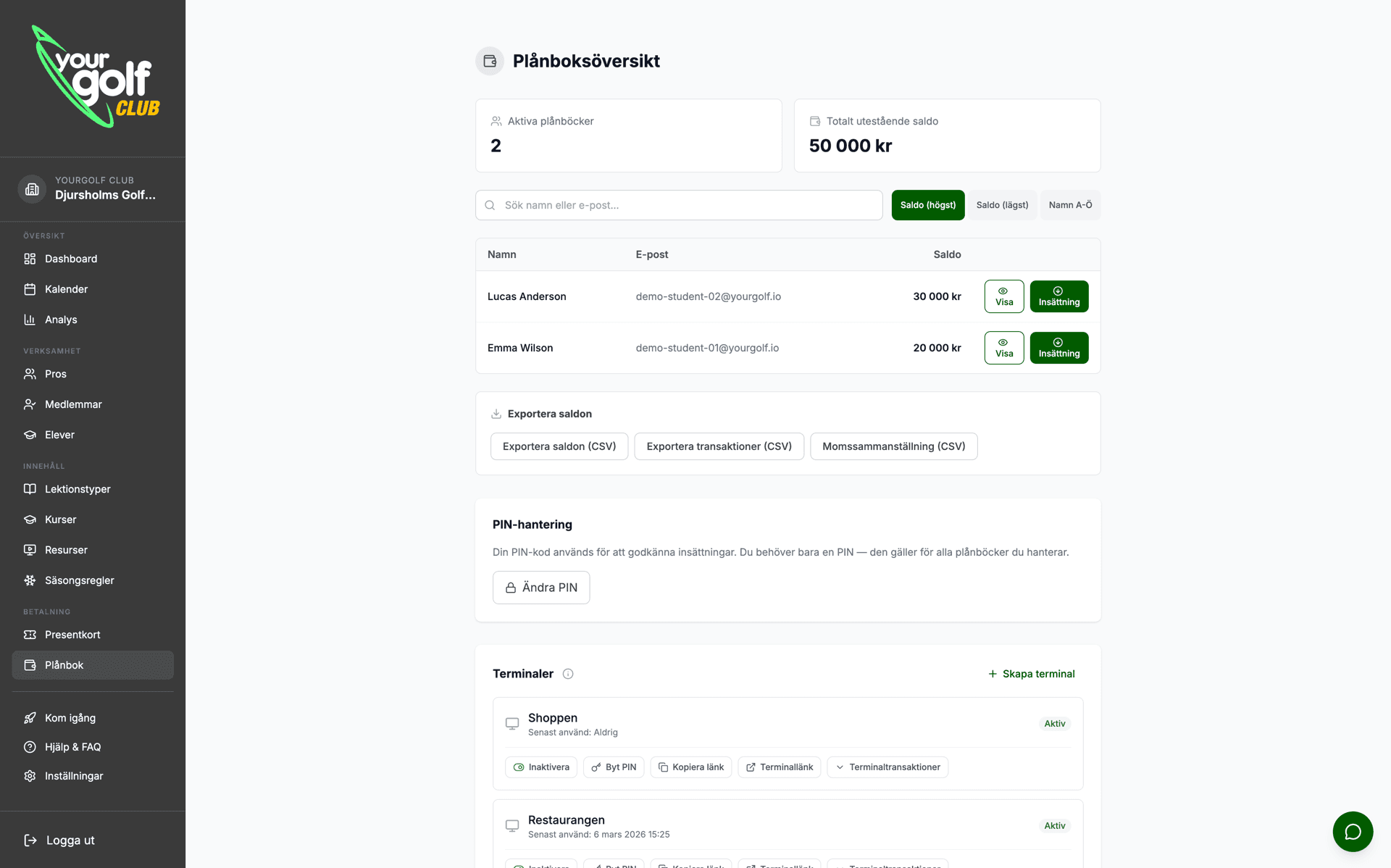YourGolf Club - Plånboksöversikt med saldon, export och terminaler