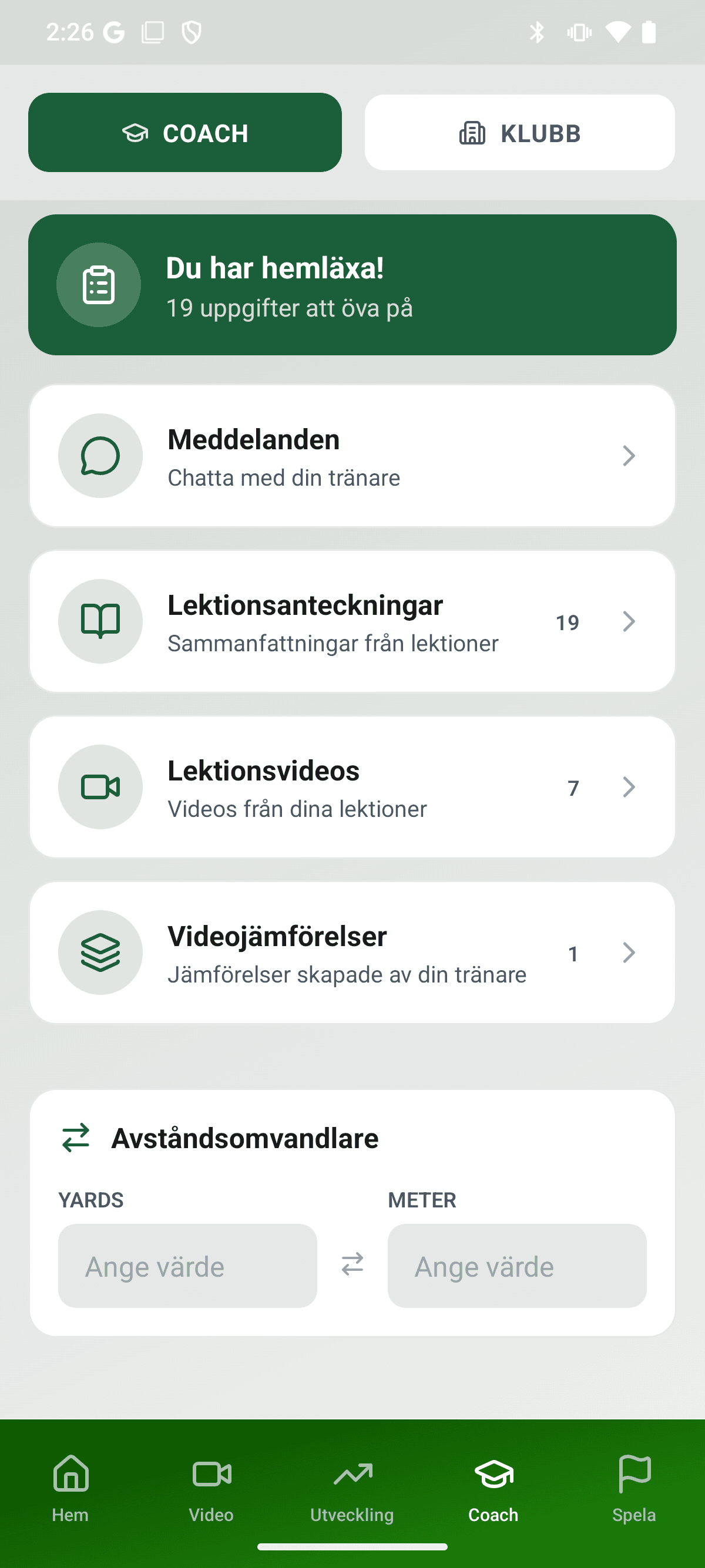 YourGolf Player - coach-fliken med relation och feedback