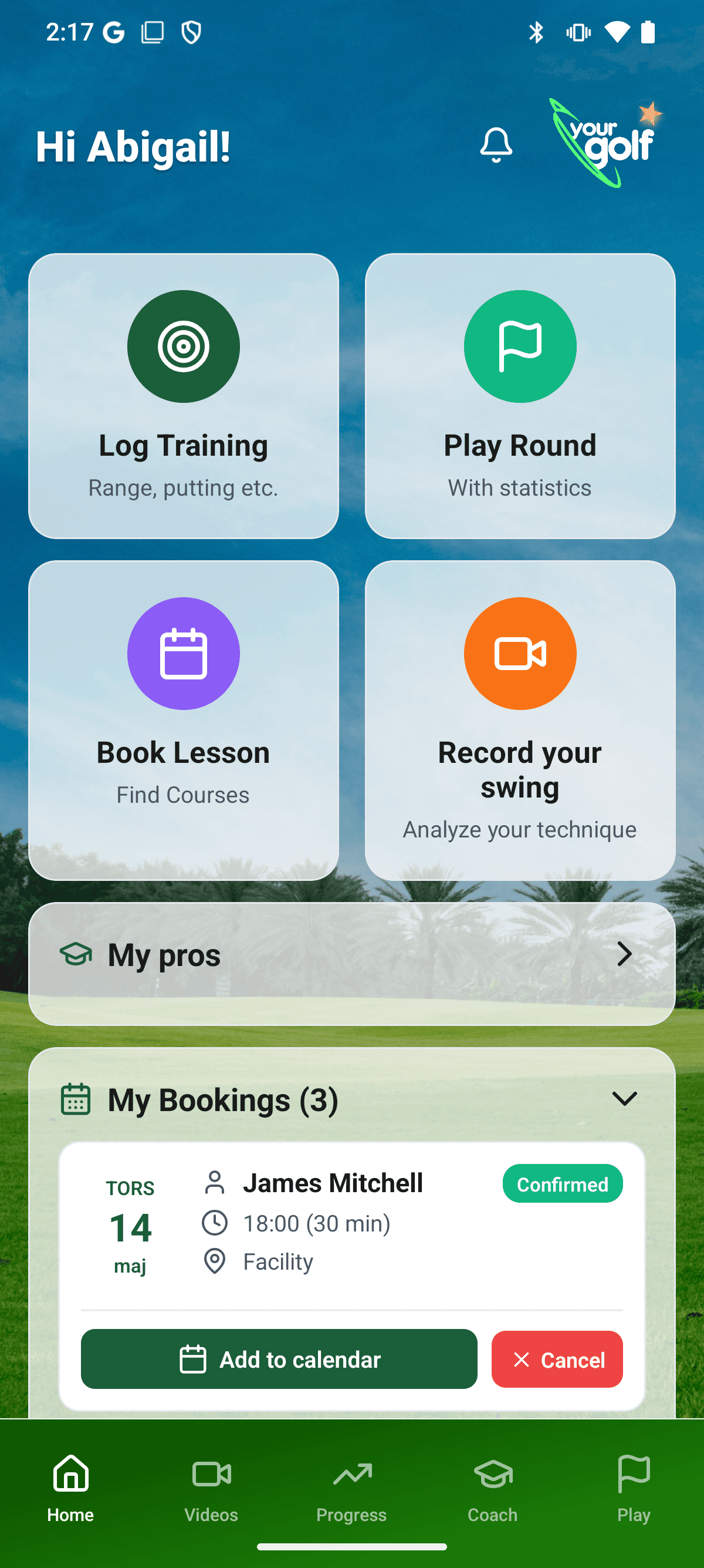 YourGolf Player - home screen
