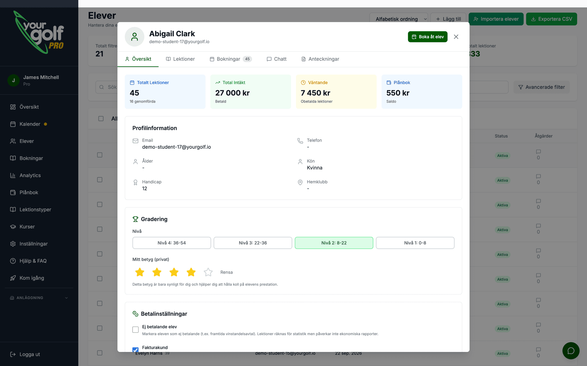 YourGolf Pro - elevdetaljvy på laptop