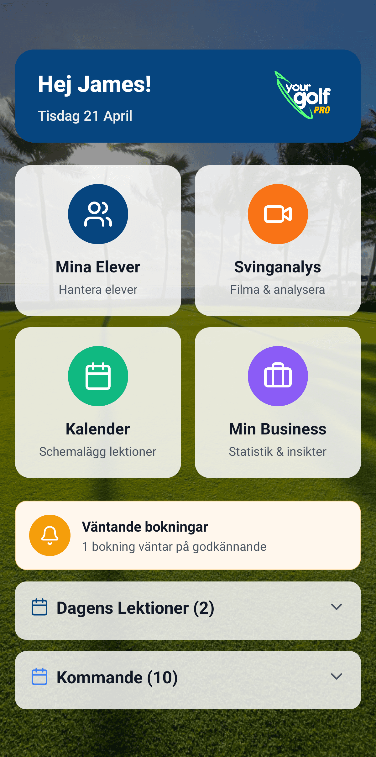 YourGolf Pro - dashboard på mobil