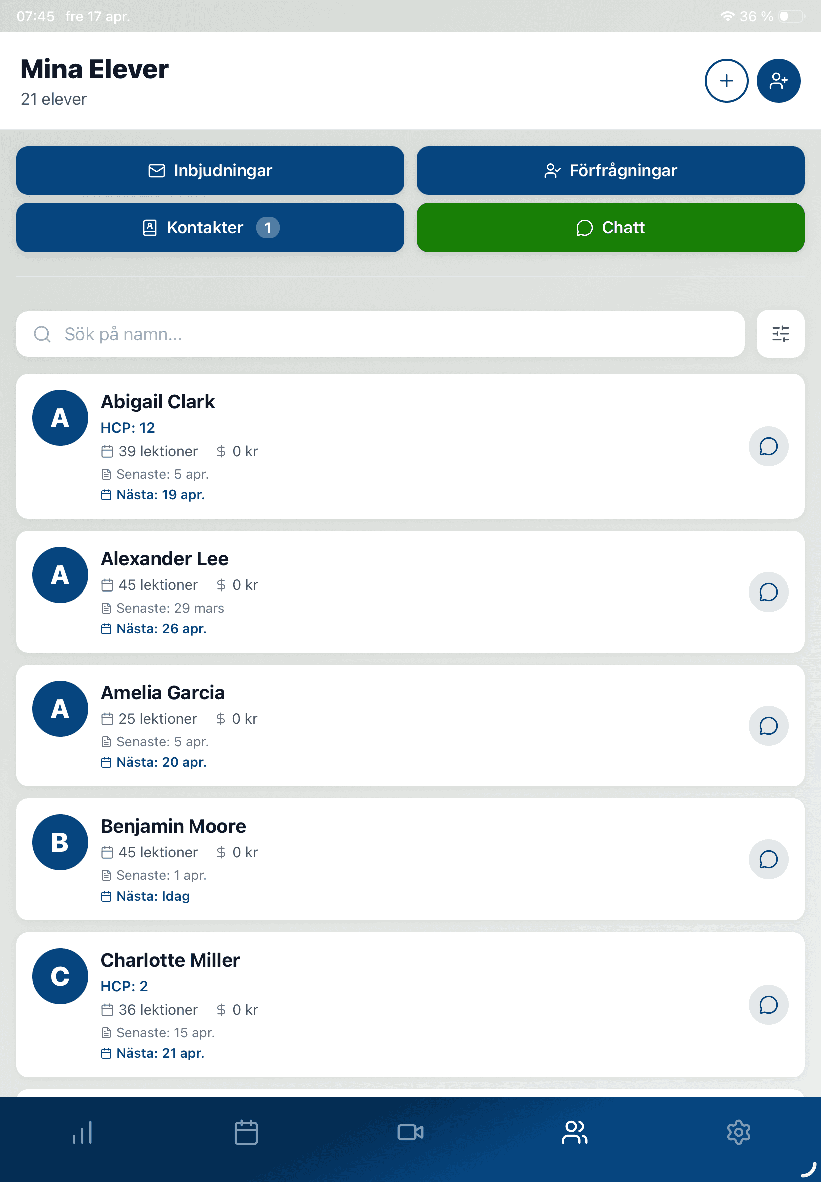 YourGolf Pro - elevlista på tablet